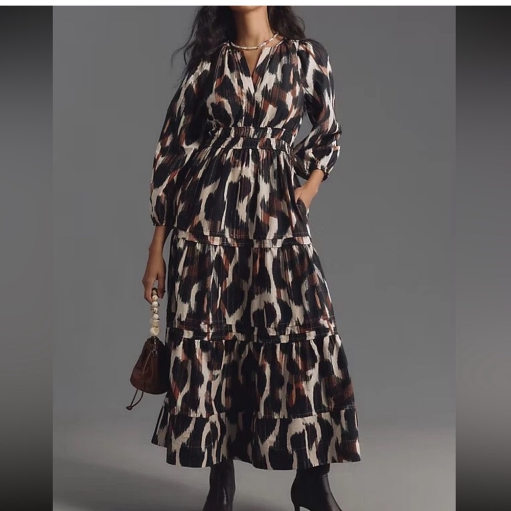 Anthropologie Somerset long sleeve Maxi Dress in Black, Cream & Brown print NWT